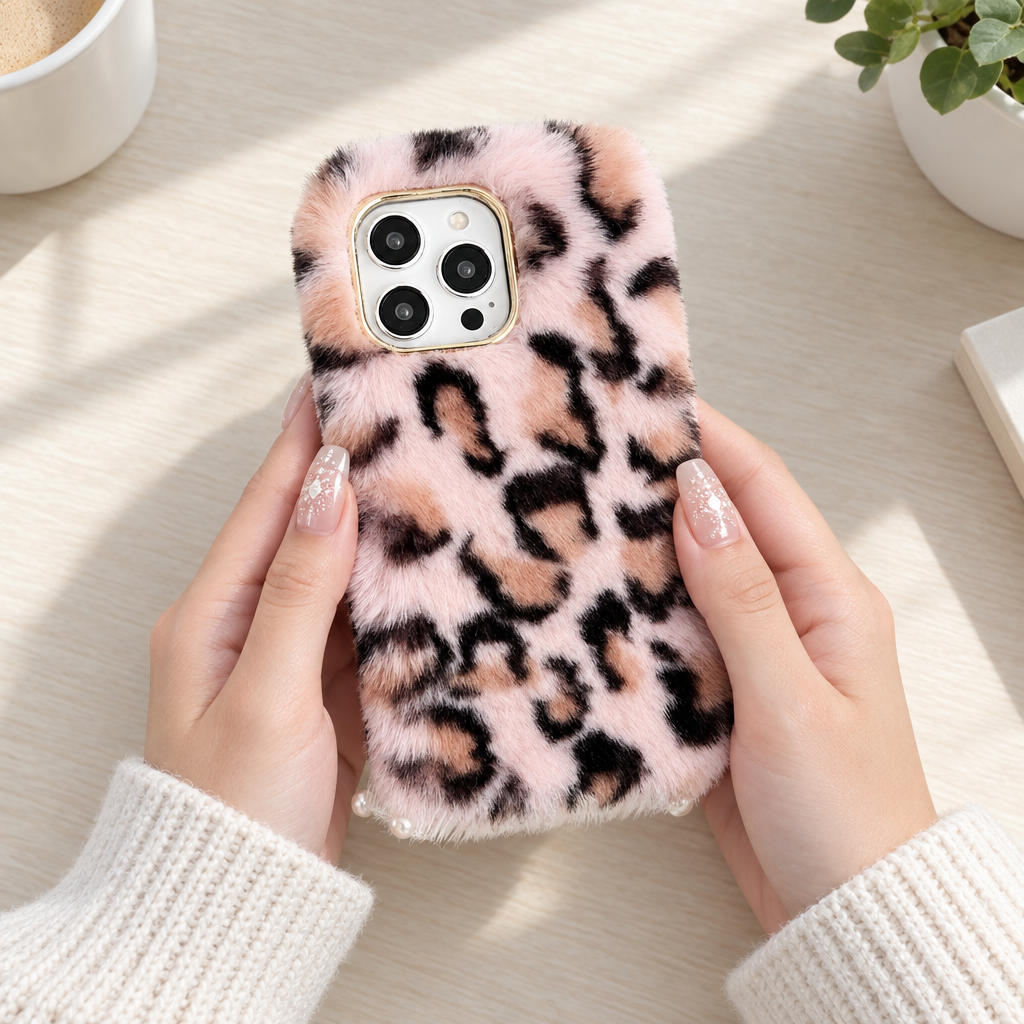 Étui de téléphone en peluche à motif léopard rose pour iPhone 12 Pro Max