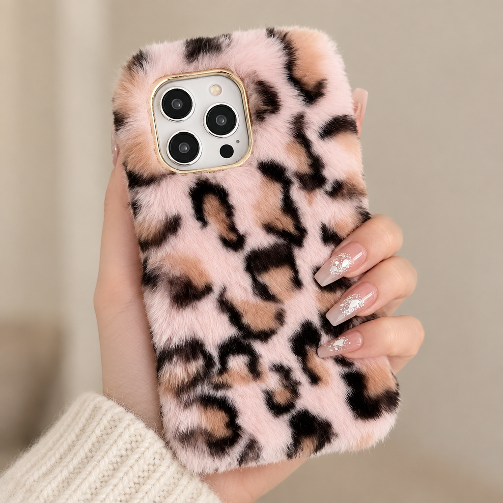 Étui de téléphone en peluche à motif léopard rose pour iPhone 12 Pro Max