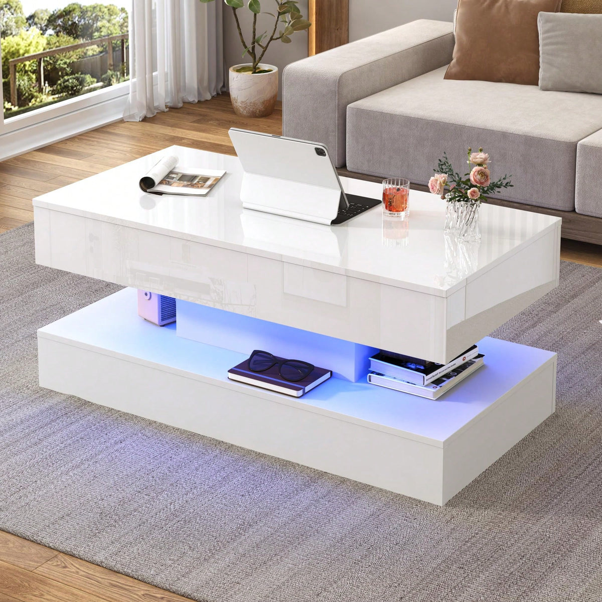 39.4"/47.2" Large Lift Top Coffee Table with Charging Station, LED Modern High Glossy Center Table with Hidden Compartment Storage, Lift Living Room Tables