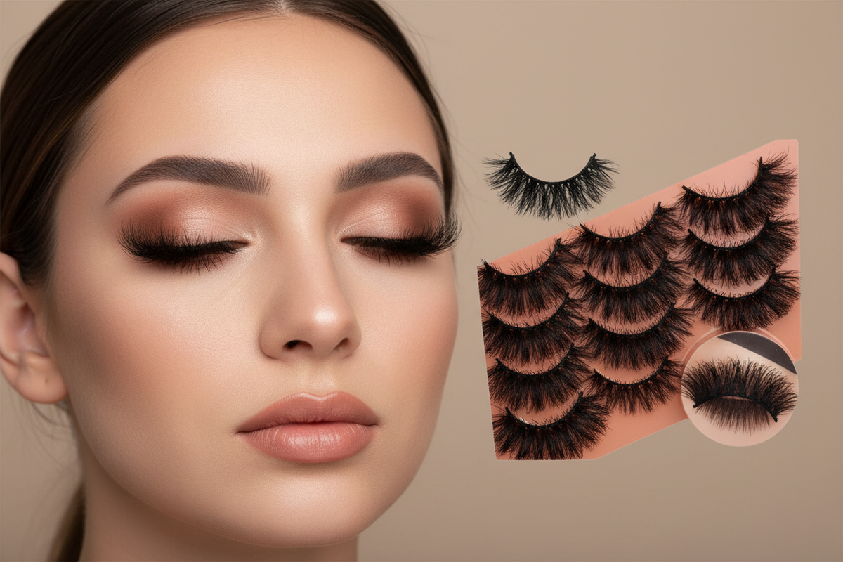 8D black false eyelashes, 7 pairs, wispy effect, 20 mm