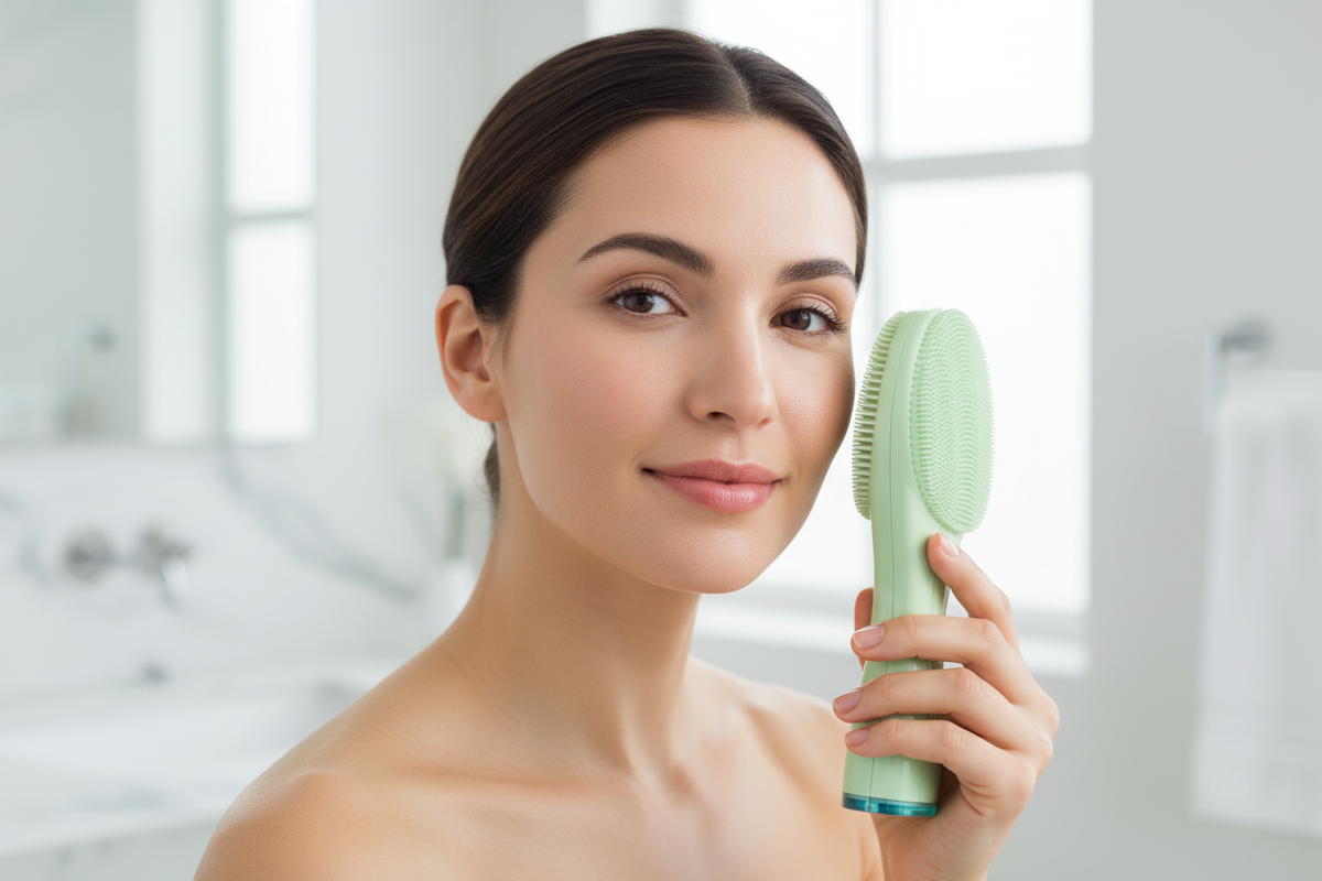 Light green silicone electric facial cleansing brush