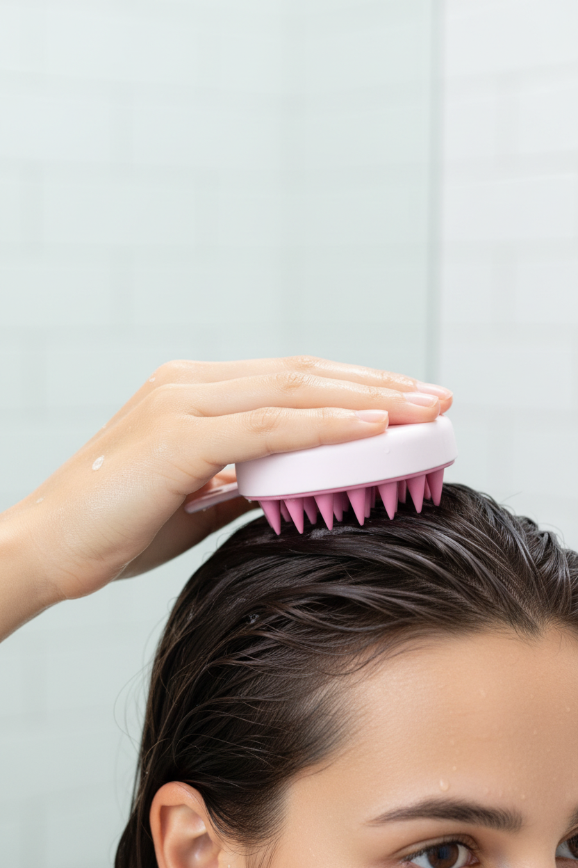 Pink silicone scalp massage brush