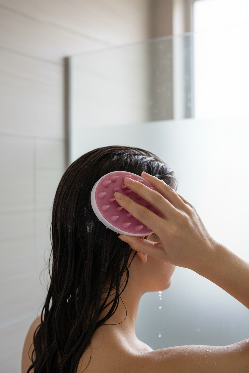 Pink silicone scalp massage brush