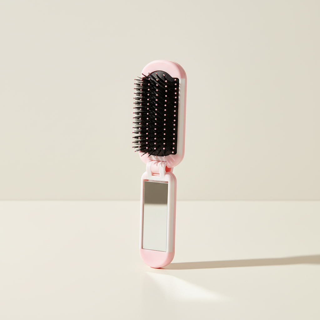Pink folding comb with integrated mirror