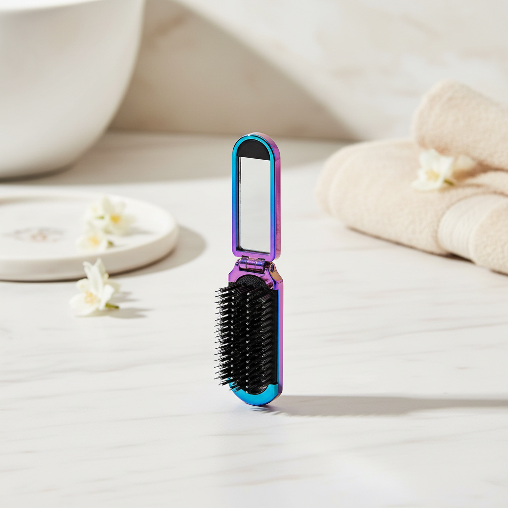 Foldable hairbrush with integrated mirror