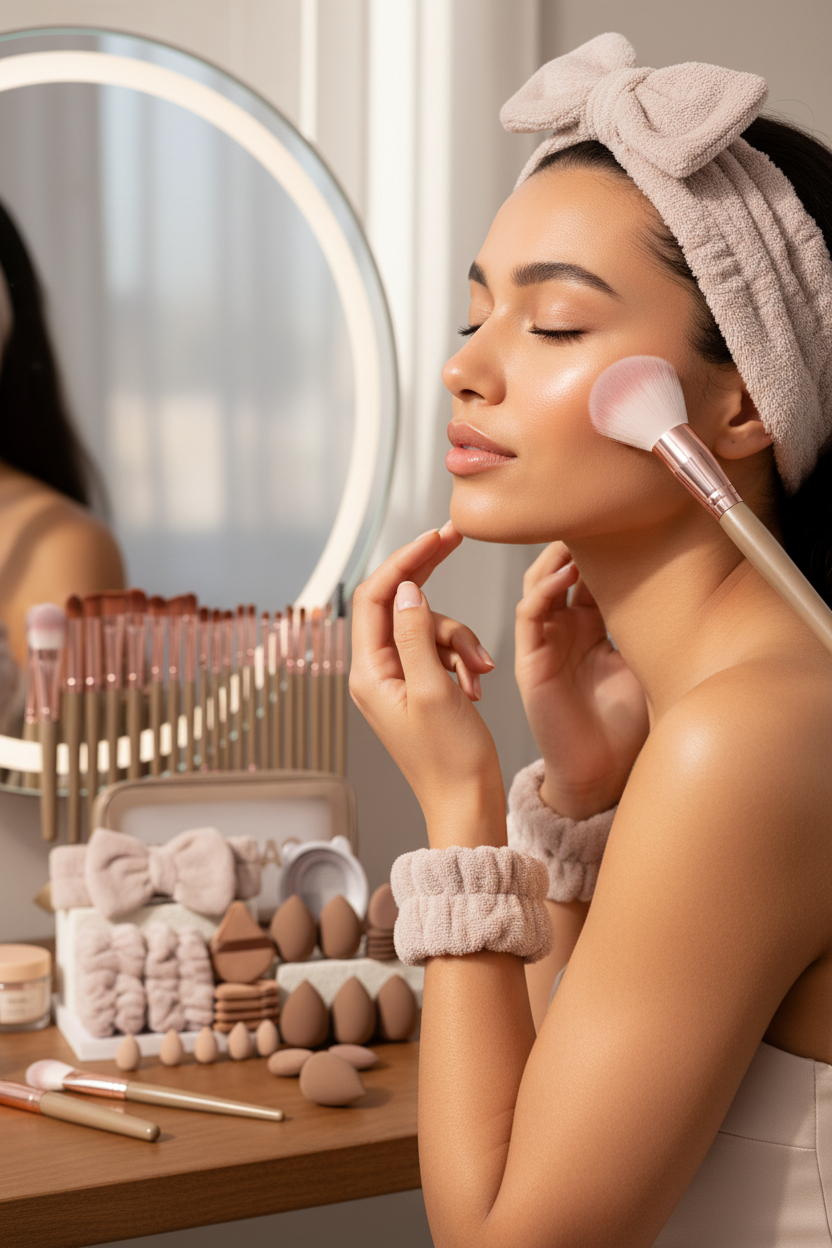 Complete makeup kit with brushes and accessories