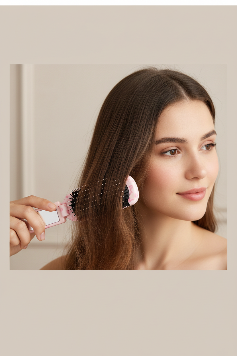 Pink folding comb with integrated mirror