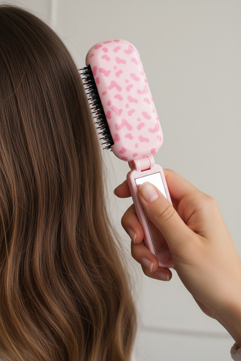 Pink folding comb with integrated mirror