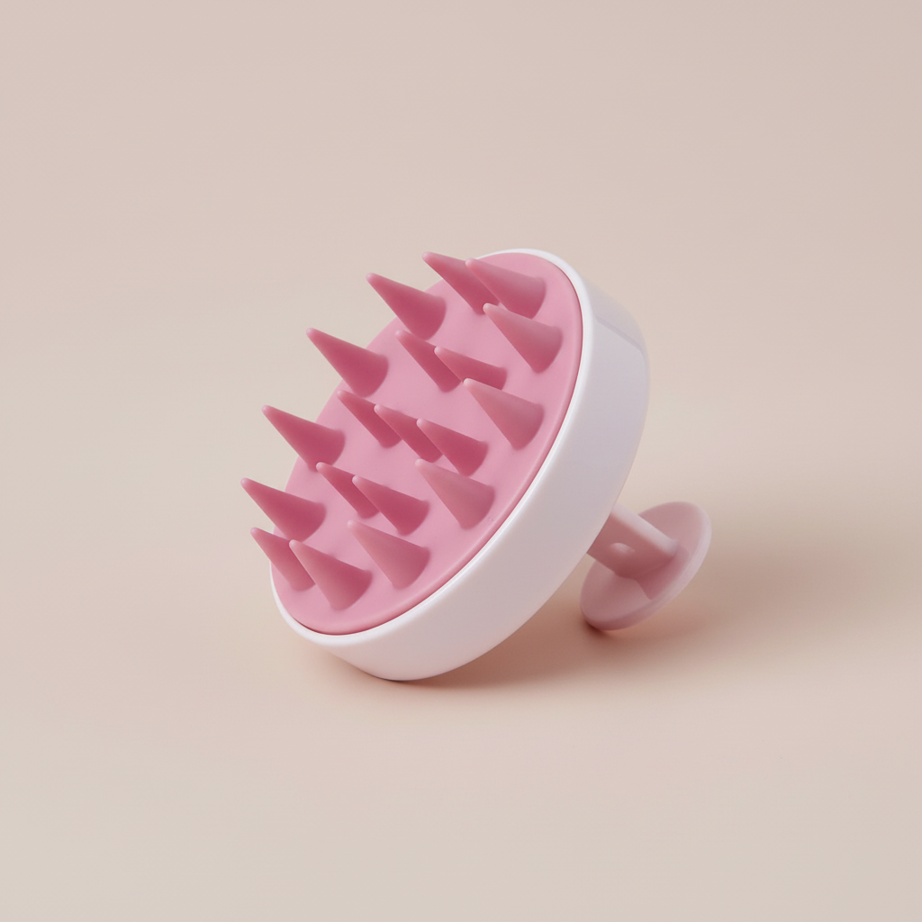 Pink silicone scalp massage brush