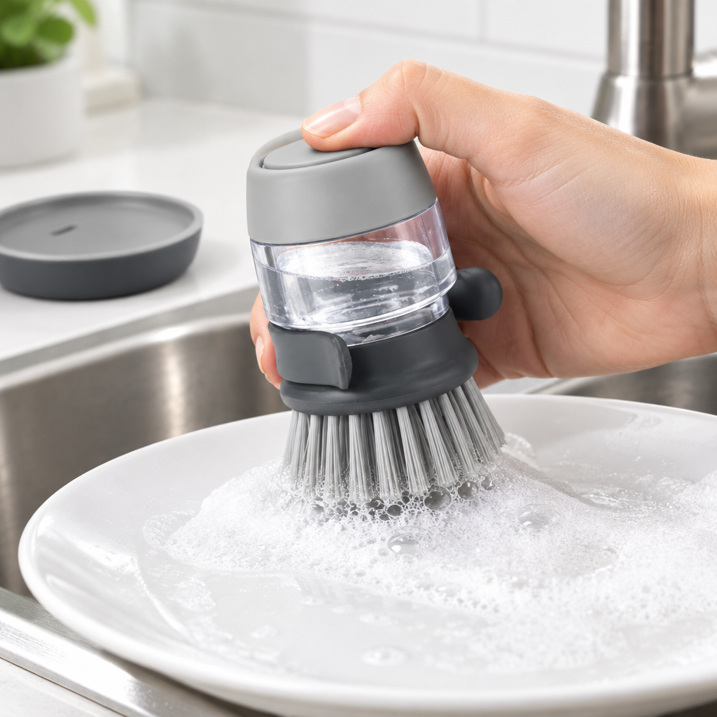 Main utilisant la brosse à vaisselle grise avec distributeur intégré pour nettoyer une assiette blanche à l’évier