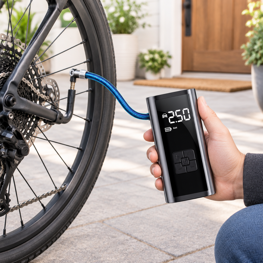 Mini compresseur d’air portable utilisé pour gonfler un pneu de vélo, tuyau bleu raccordé à la valve.
