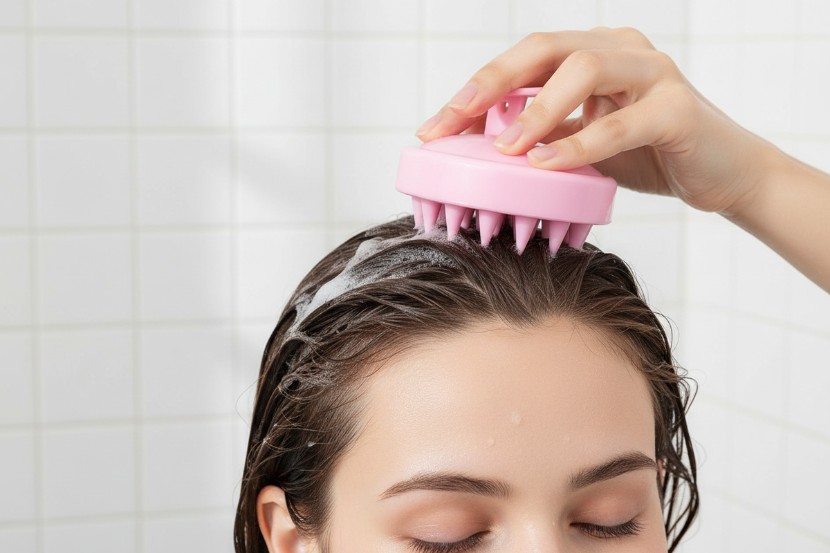 Brosse ronde rose en silicone utilisée sur le cuir chevelu pendant le shampoing