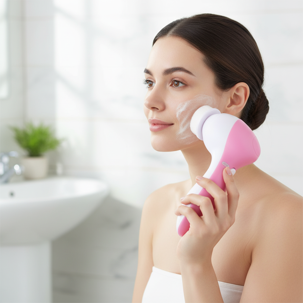 Femme utilisant une brosse nettoyante visage rotative rose et blanche sur sa joue
