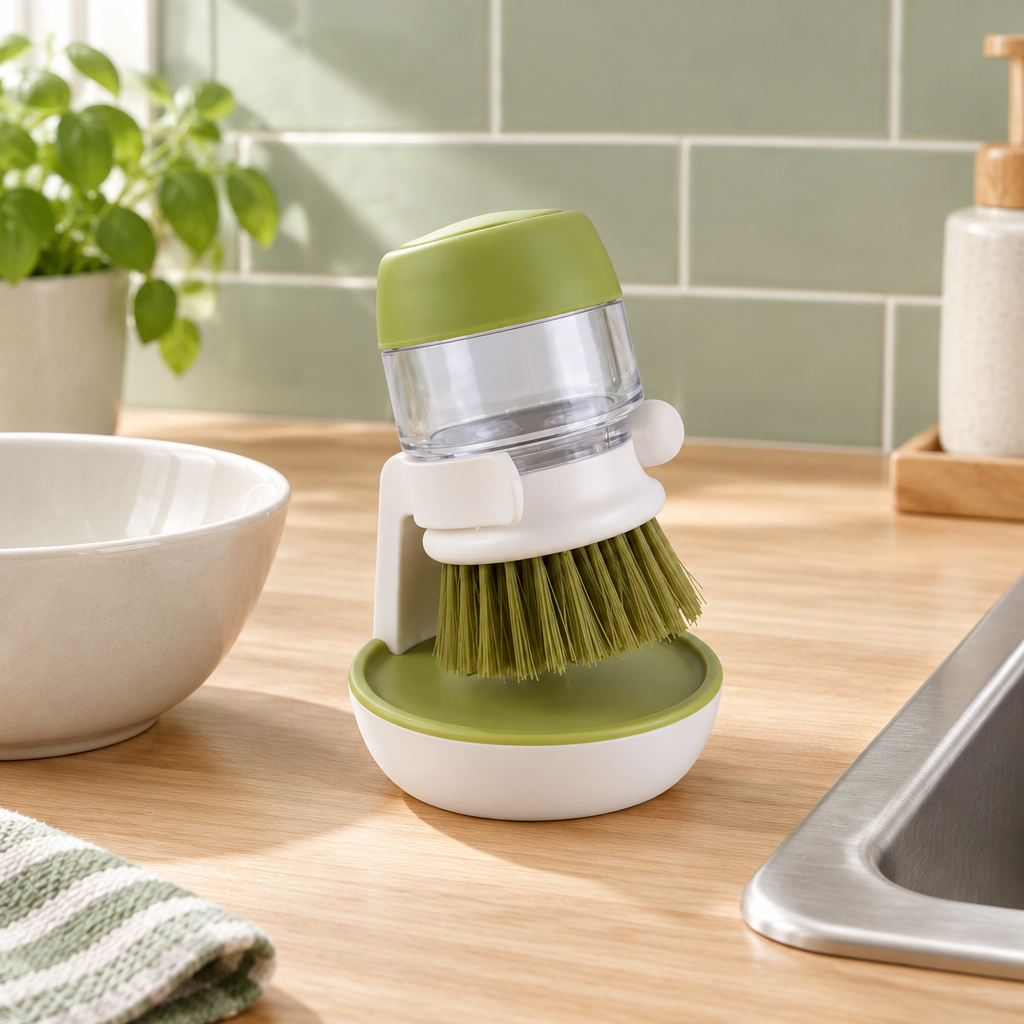 Brosse à vaisselle vert clair avec distributeur de liquide vaisselle et socle, posée sur un plan de travail près de l’évier