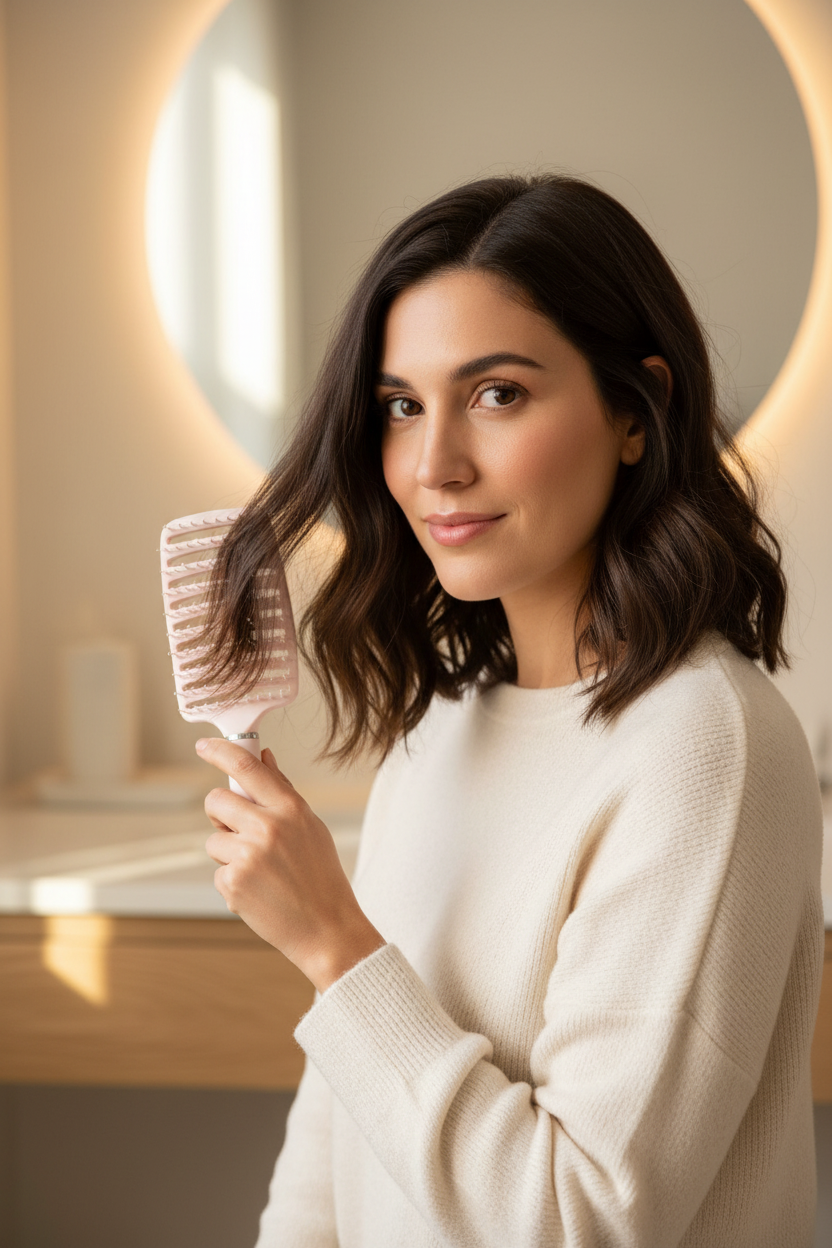 Femme utilisant un peigne ventilé blanc et rose dans un intérieur lumineux