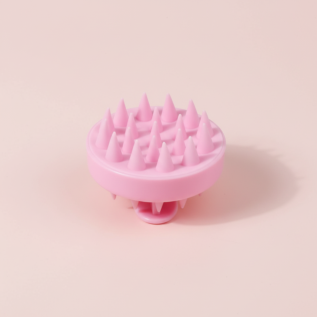 Brosse ronde rose en silicone présentée seule sur fond rose pâle