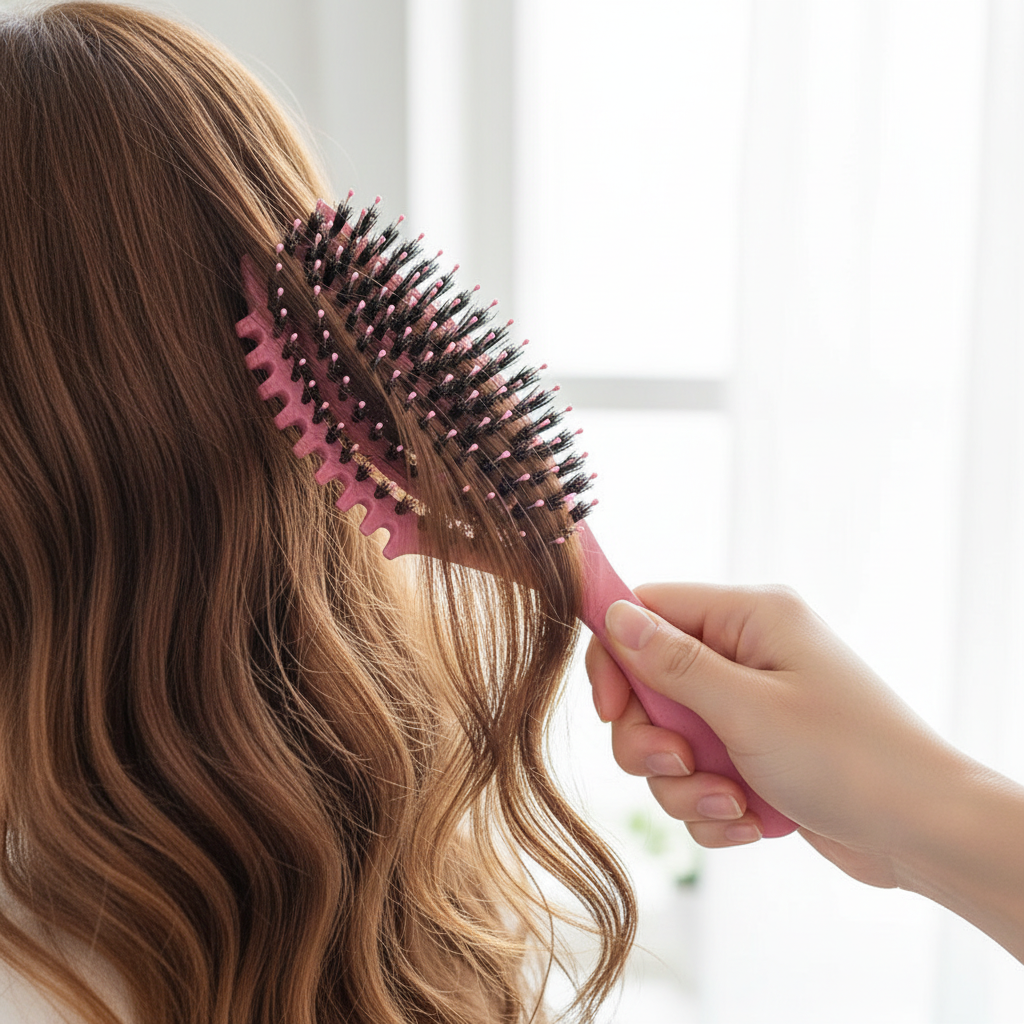 Gros plan du brossage d'une chevelure avec la brosse démêlante rose