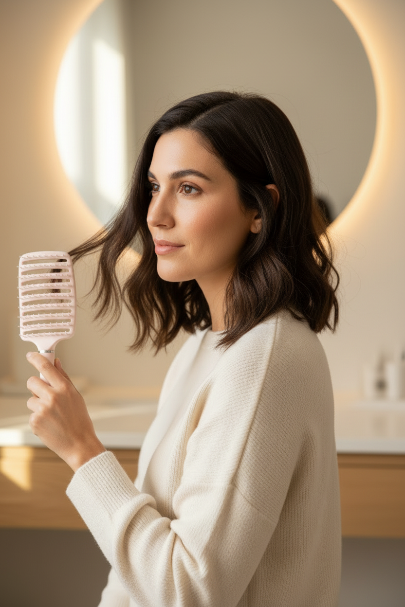 Femme tenant un peigne ventilé blanc et rose devant un miroir