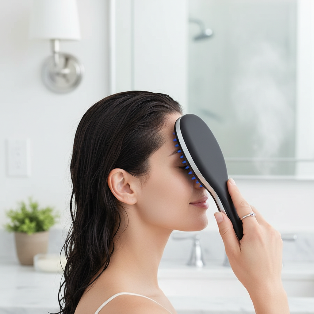 Peigne masseur noir utilisé avec son dos noir uni visible et les picots bleus au contact du cuir chevelu