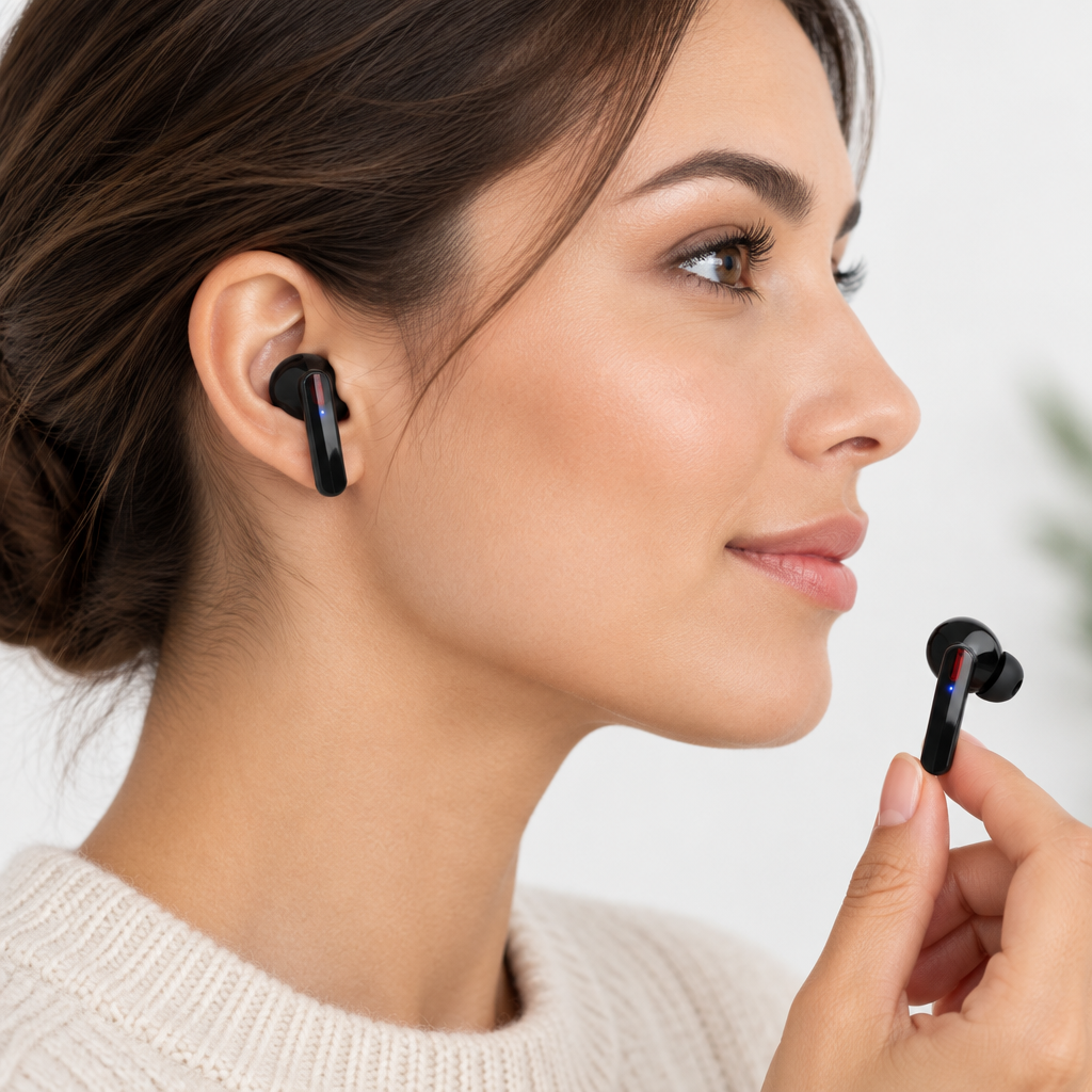 Personne portant un écouteur Bluetooth TWS noir avec le second en main