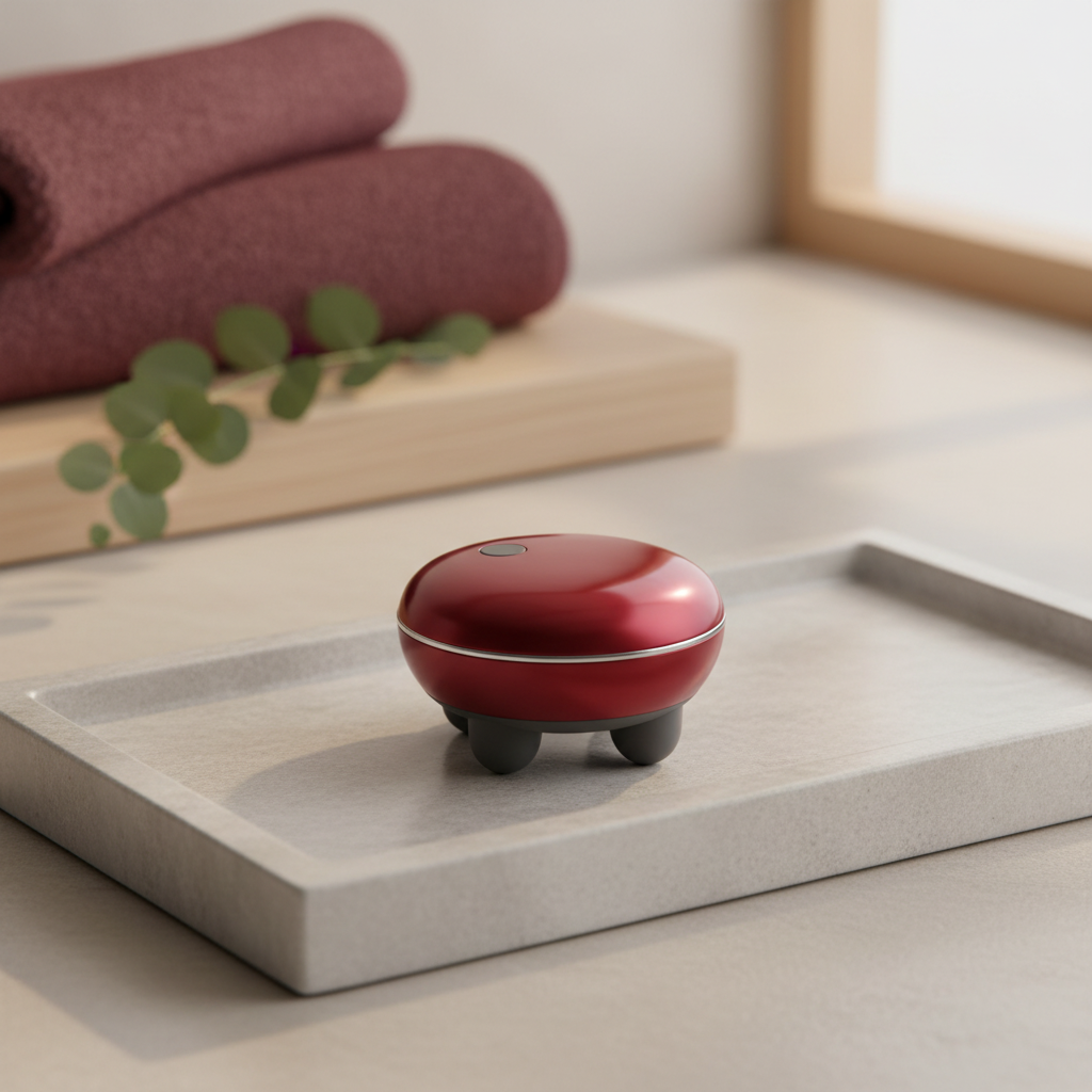 Masseur électrique rouge présenté seul dans un décor spa avec serviette et eucalyptus