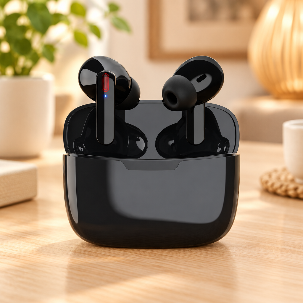 Écouteurs Bluetooth TWS noirs et boîtier posés seuls dans un décor élégant