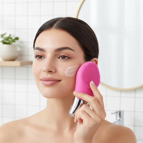 Femme utilisant une brosse nettoyante visage fuchsia à base argentée sur sa joue