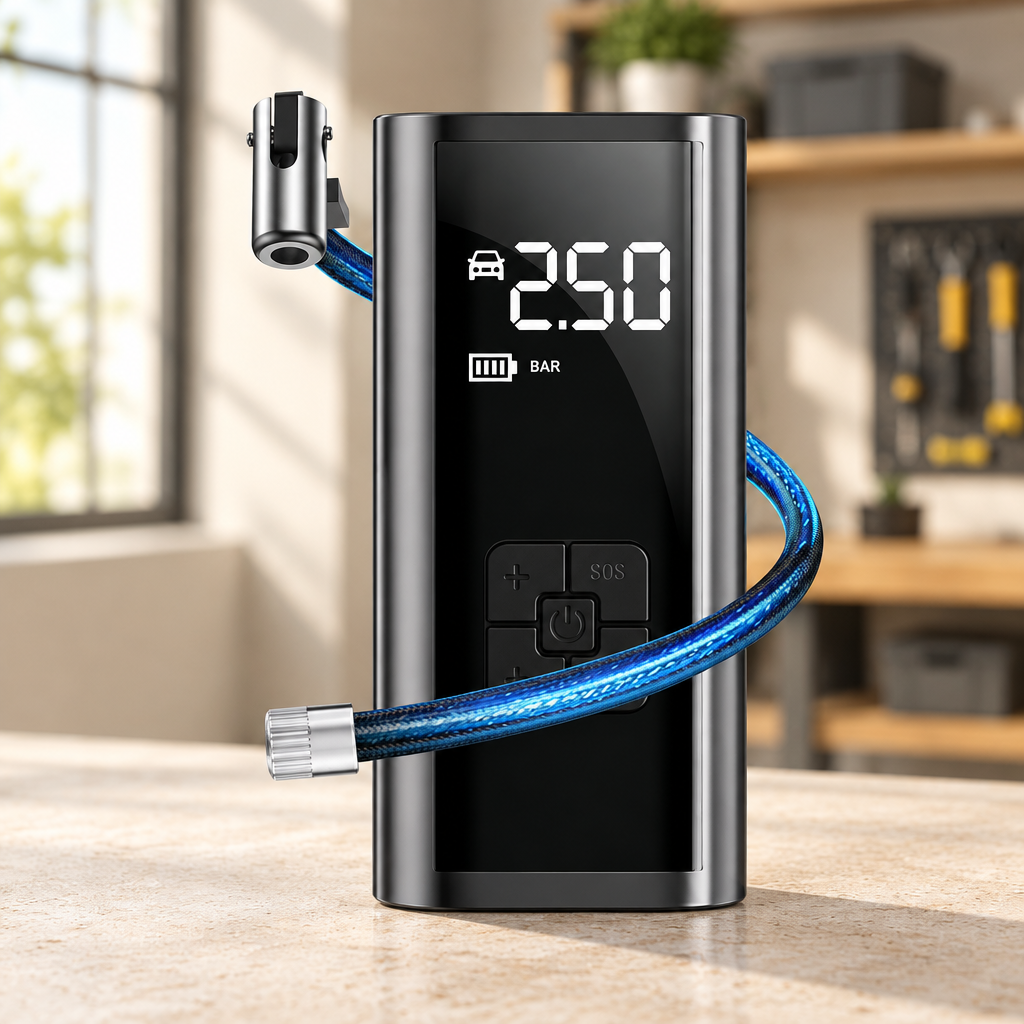 Mini compresseur d’air noir et argent avec tuyau bleu, posé sur une surface claire dans un atelier.