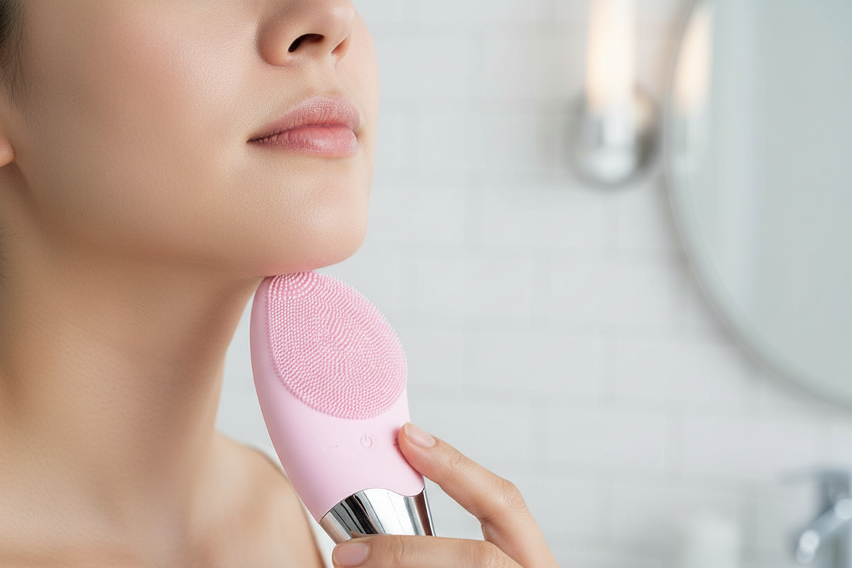 Personne utilisant la brosse nettoyante visage rose avec base argentée sur le menton
