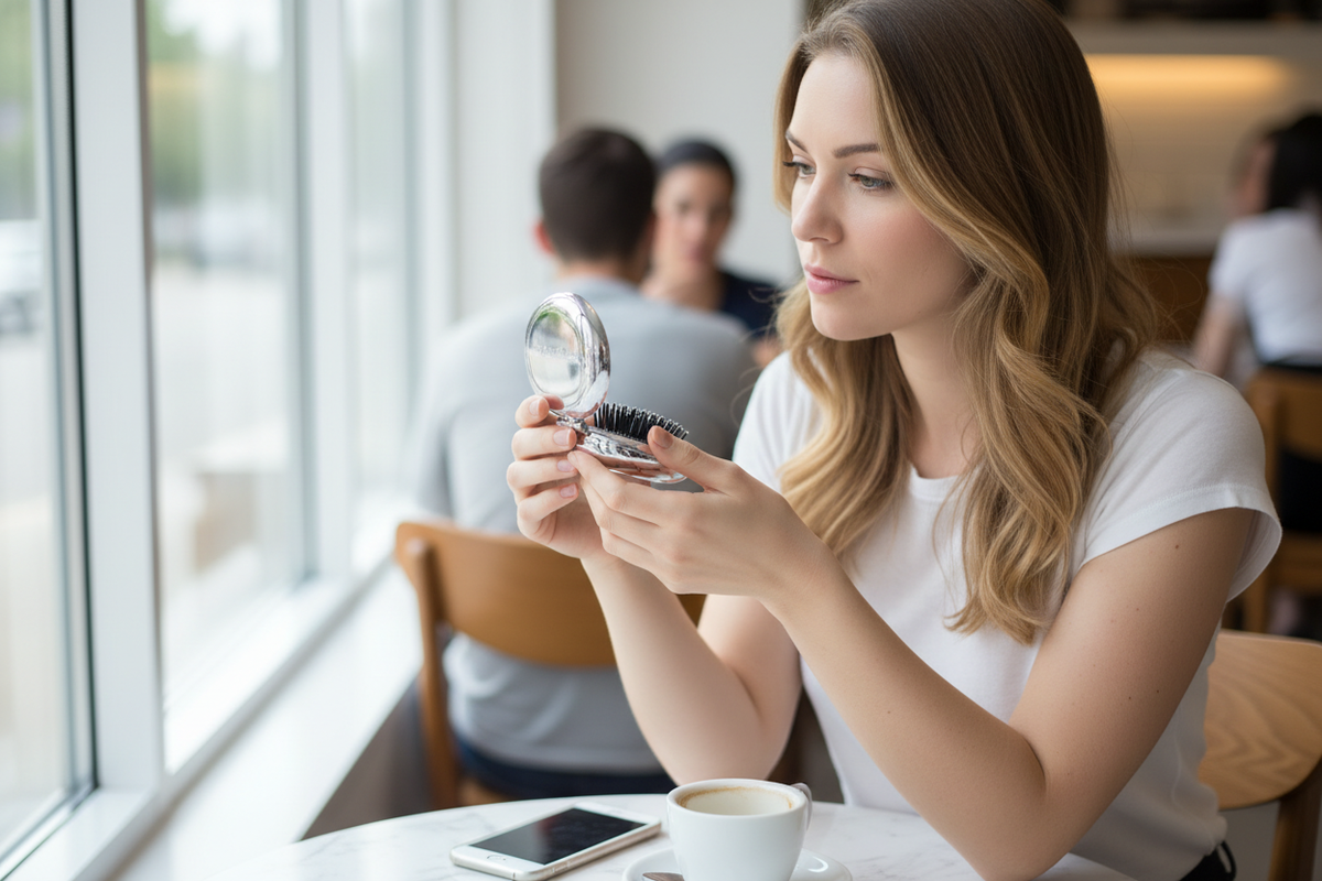 Femme utilisant une brosse pliable argentée ouverte avec miroir dans un café