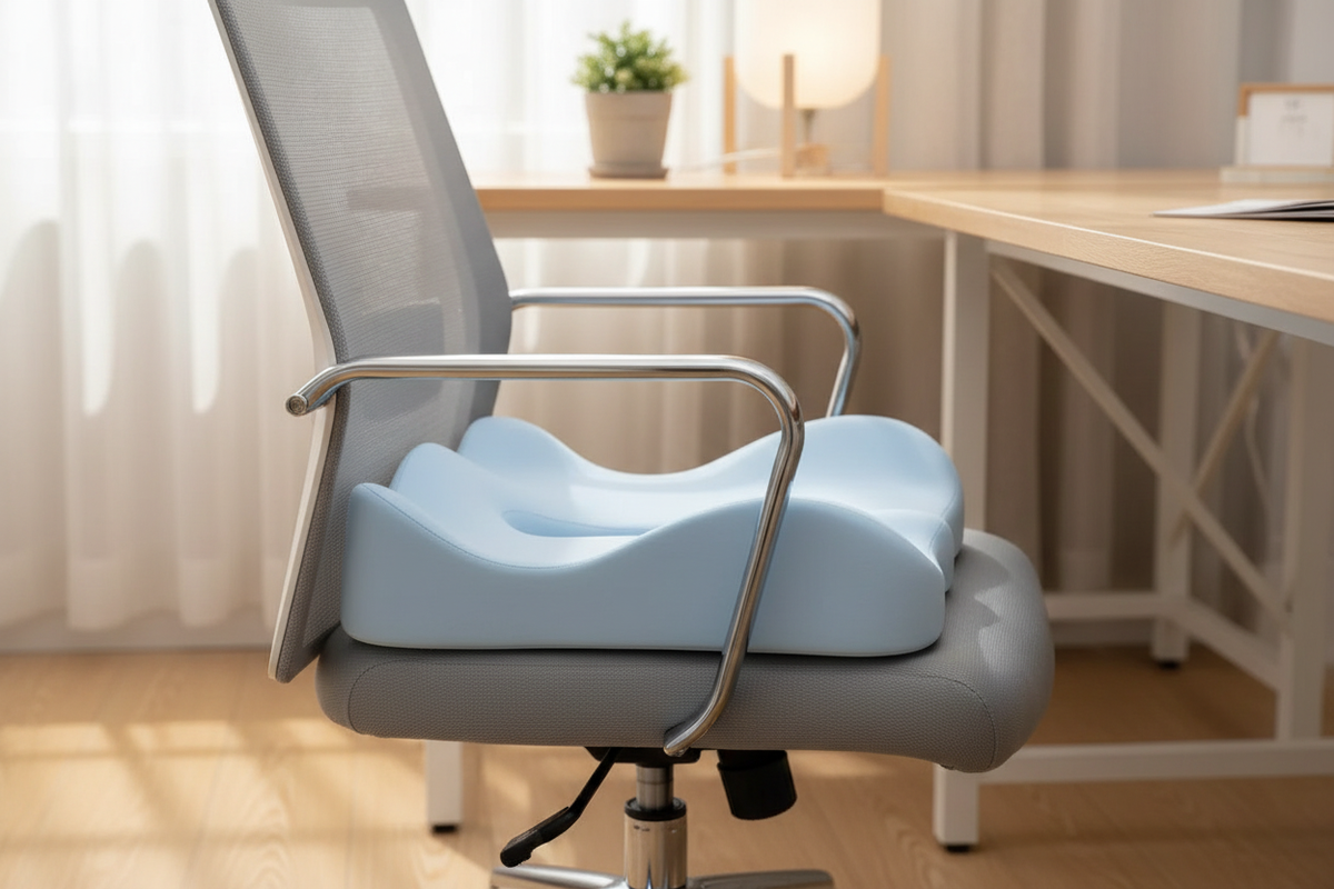 Coussin d’assise ergonomique bleu clair installé sur une chaise de bureau, vue de profil