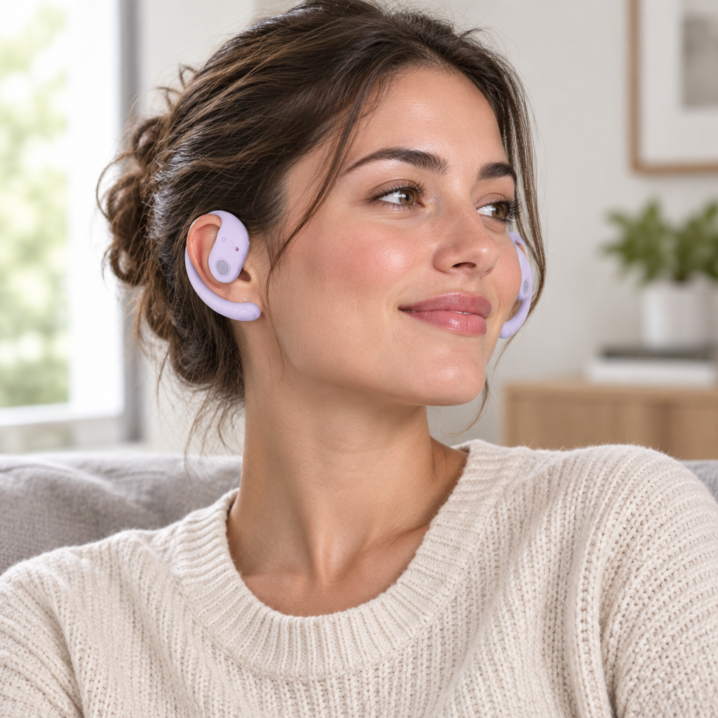 Femme portant les écouteurs Bluetooth lavande