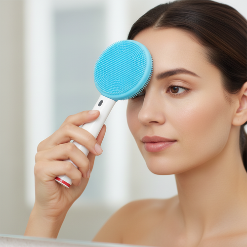 Gros plan d’une femme utilisant une brosse nettoyante visage ronde bleue sur son front