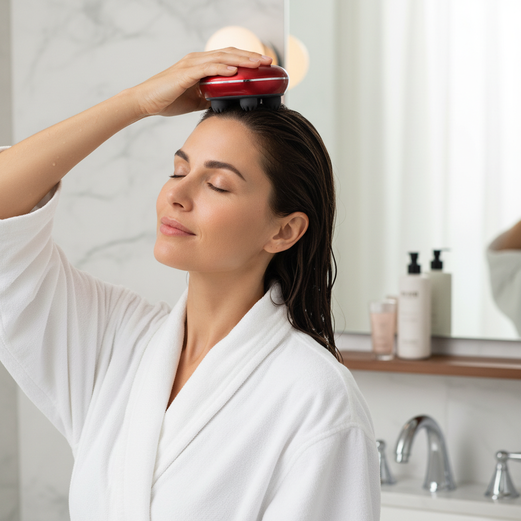 Masseur électrique rouge utilisé sur le dessus du cuir chevelu dans une salle de bain