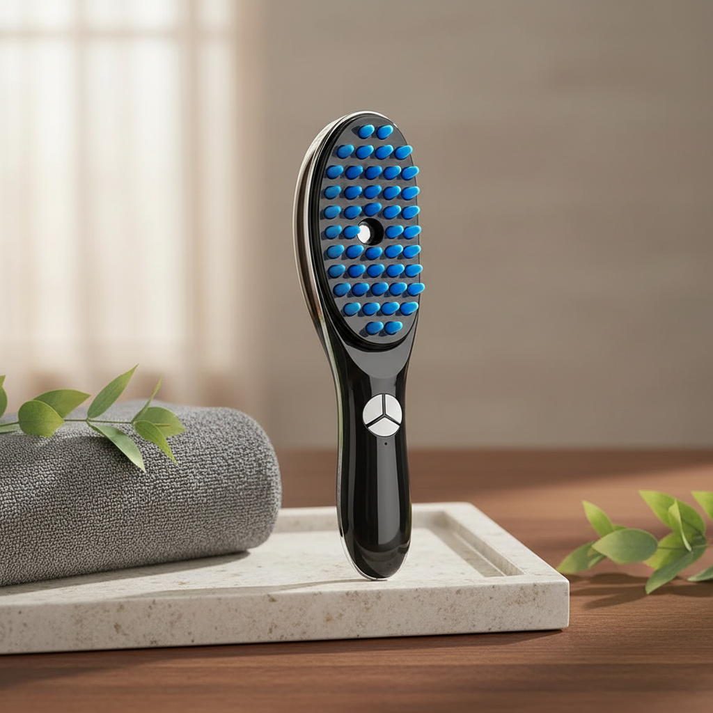 Peigne masseur vibrant noir à picots bleus présenté seul dans un décor spa