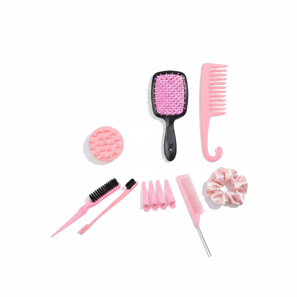 Coffret rose de 13 accessoires de coiffure, brosses, peignes et accessoires sur fond blanc