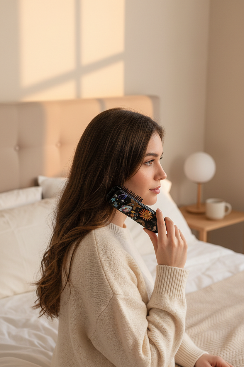 Brosse à cheveux noire pliable avec miroir et motif espace utilisée sur les cheveux
