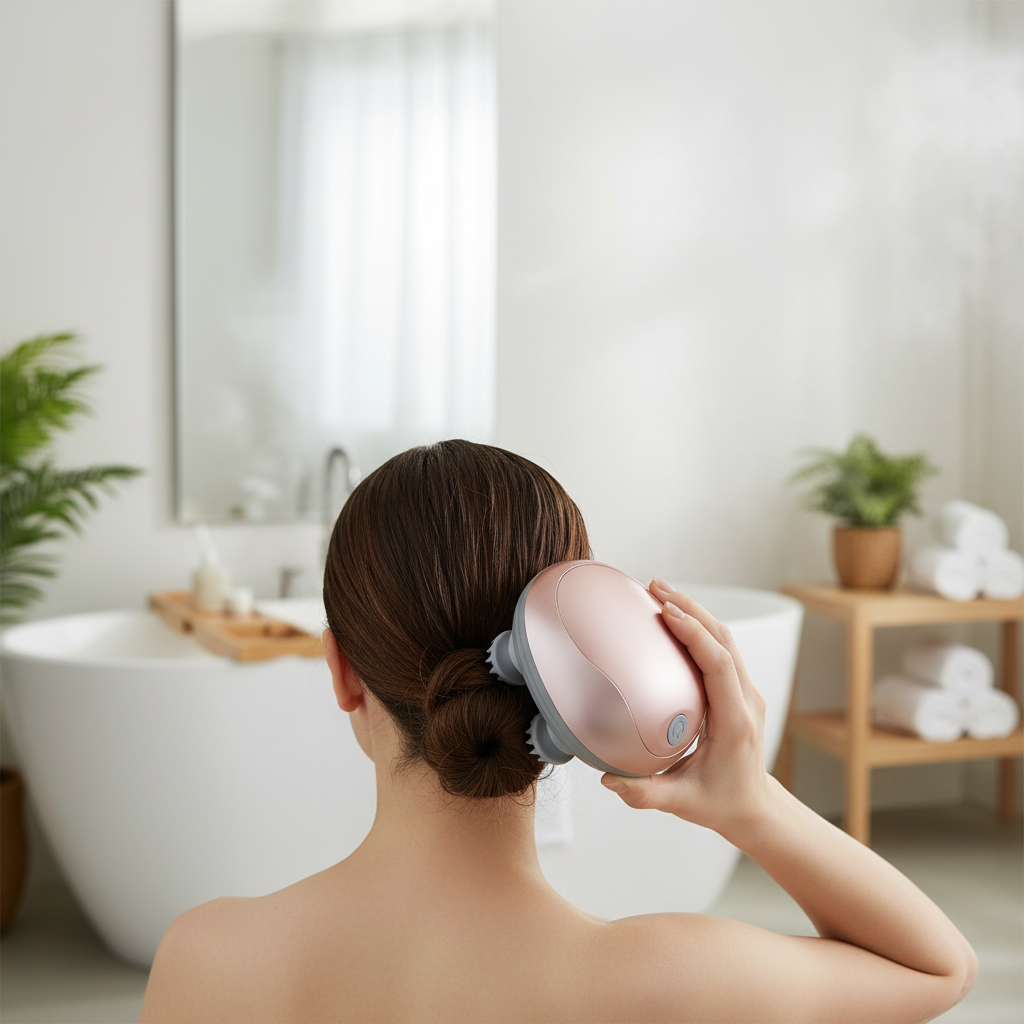 Masseur électrique rose métallisé utilisé à l’arrière de la tête dans un espace bien-être