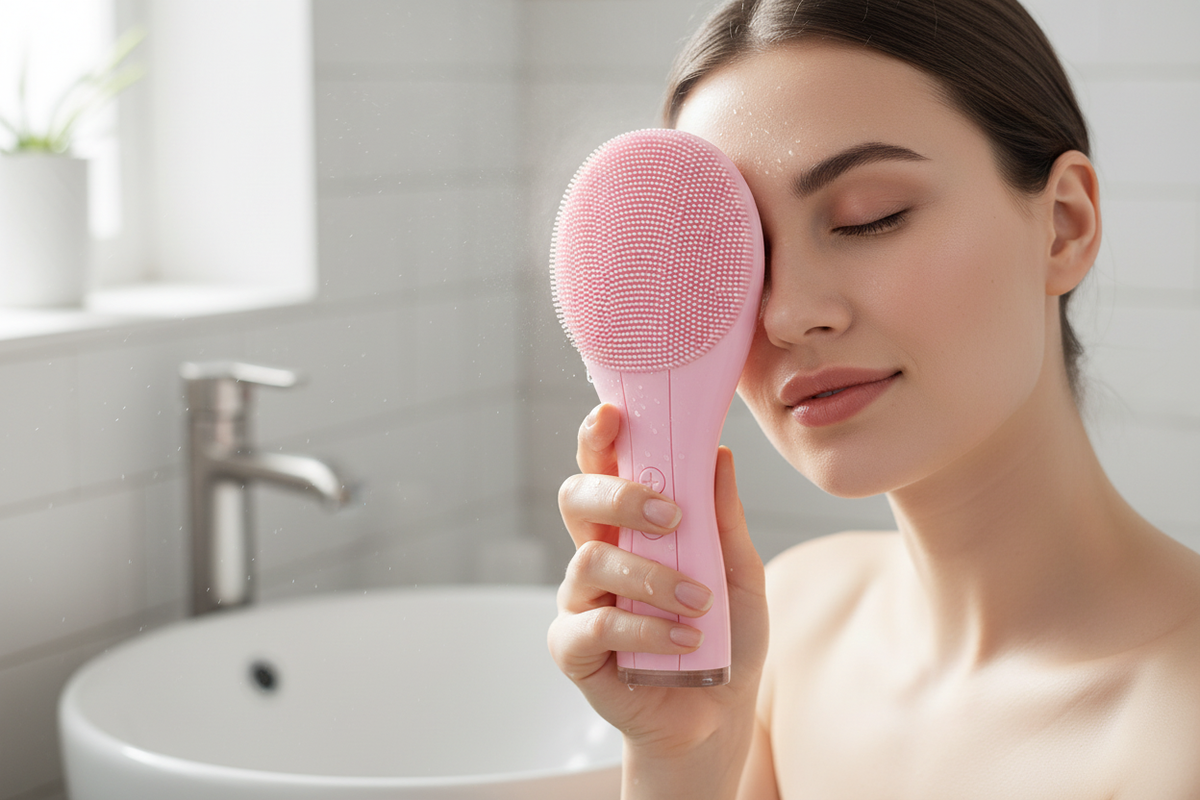 Personne utilisant la grande brosse nettoyante électrique rose ovale en silicone sur le front