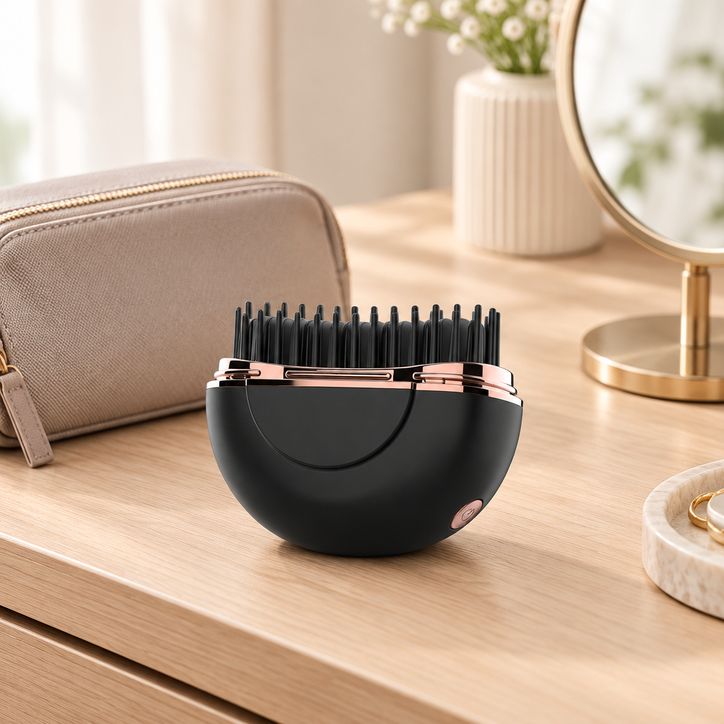 Mini brosse lissante noire et rose gold sur une coiffeuse avec miroir et pochette de voyage en arrière-plan