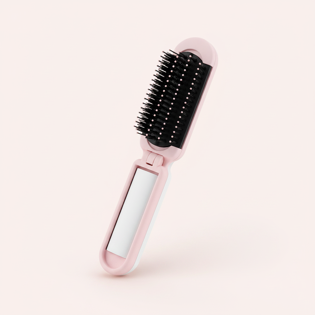 Vue inclinée du peigne pliable rose avec miroir intégré et picots noirs