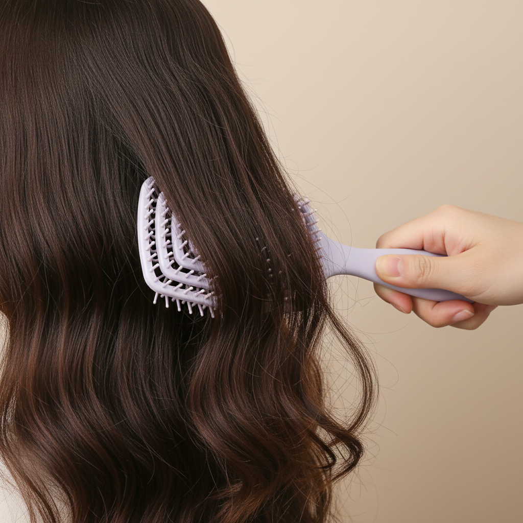 Main utilisant le peigne démêlant violet et rose sur une mèche de cheveux