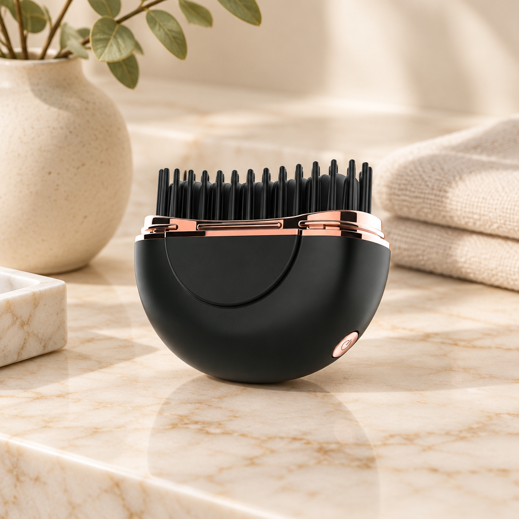 Mini brosse lissante noire et rose gold posée sur une coiffeuse en marbre clair