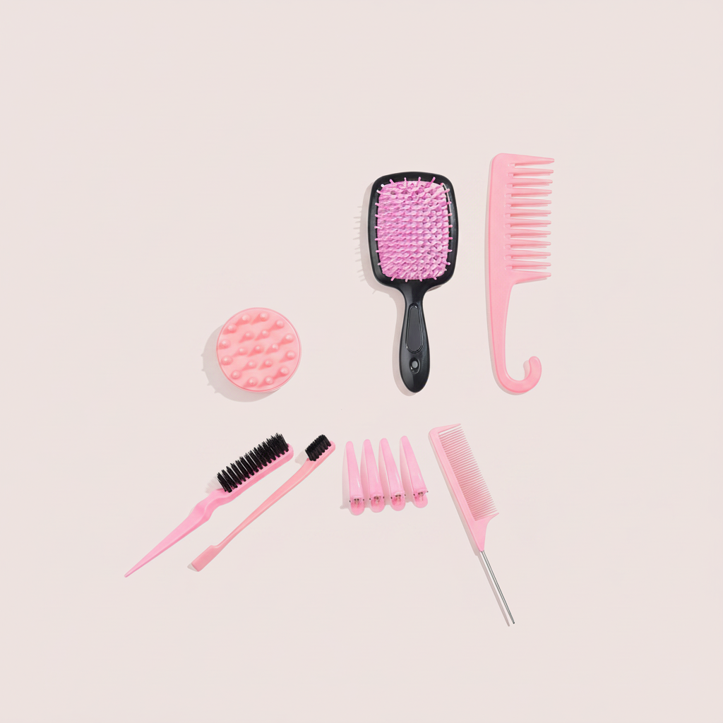 Vue rapprochée du coffret rose de brosses, peignes et accessoires de coiffure