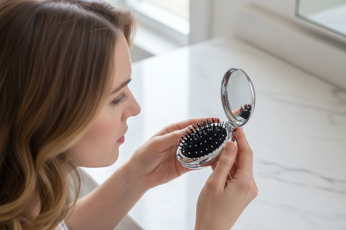 Femme utilisant la brosse pliable argentée ouverte, avec miroir et picots noirs visibles