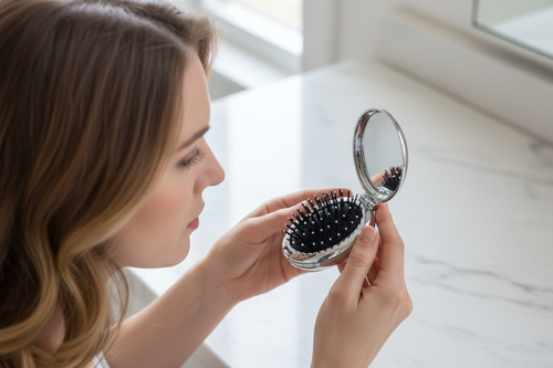 Femme utilisant la brosse pliable argentée ouverte, avec miroir et picots noirs visibles