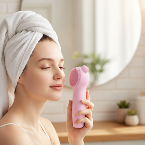 Femme présentant une brosse nettoyante visage rose multifonction dans une salle de bain