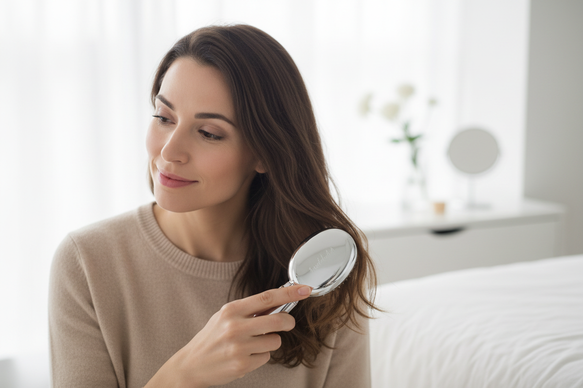 Femme utilisant une brosse pliable argentée avec miroir pour se coiffer