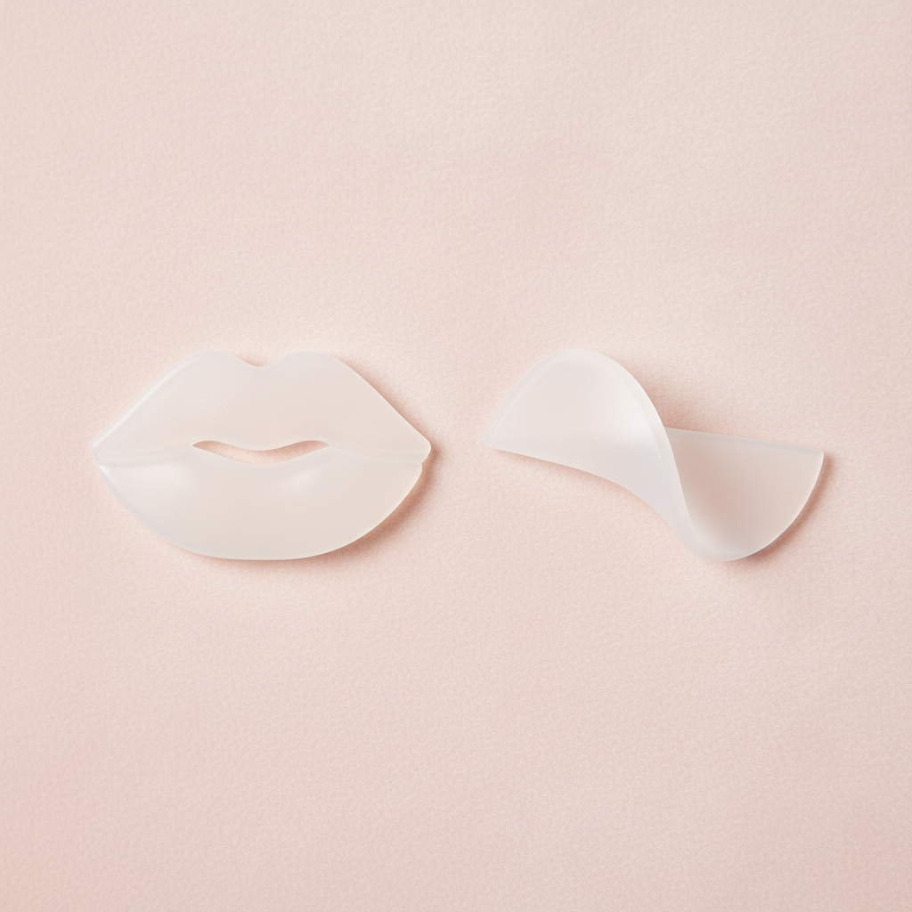 Deux patchs en silicone blanc semi-transparent présentés sur un fond rose poudré
