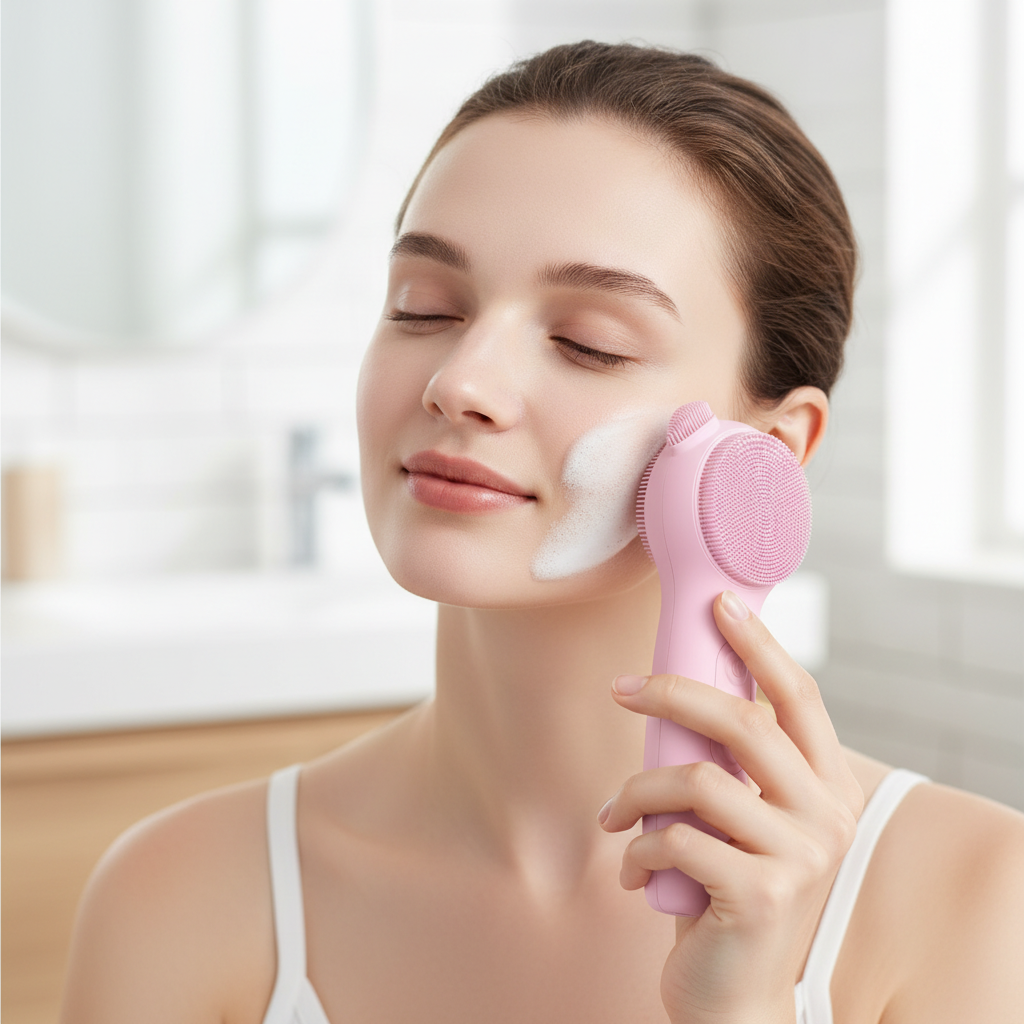 Femme nettoyant sa joue avec une brosse visage rose à picots en silicone